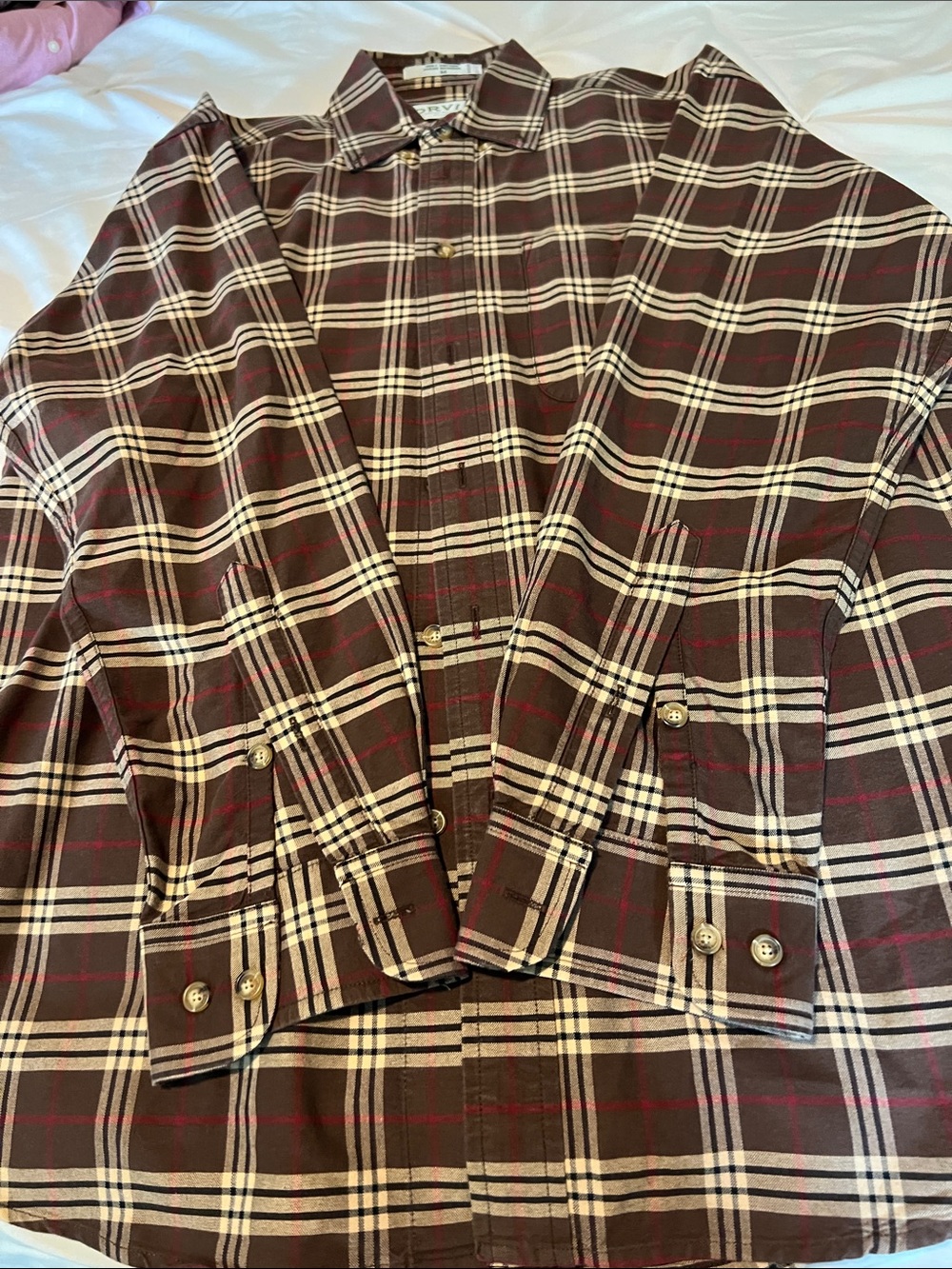 Orvis Brown Plaid Cotton Button-Up Shirt with Cream and Red Trim